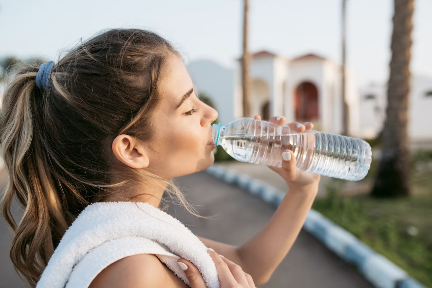 donna beve acqua da una bottiglia