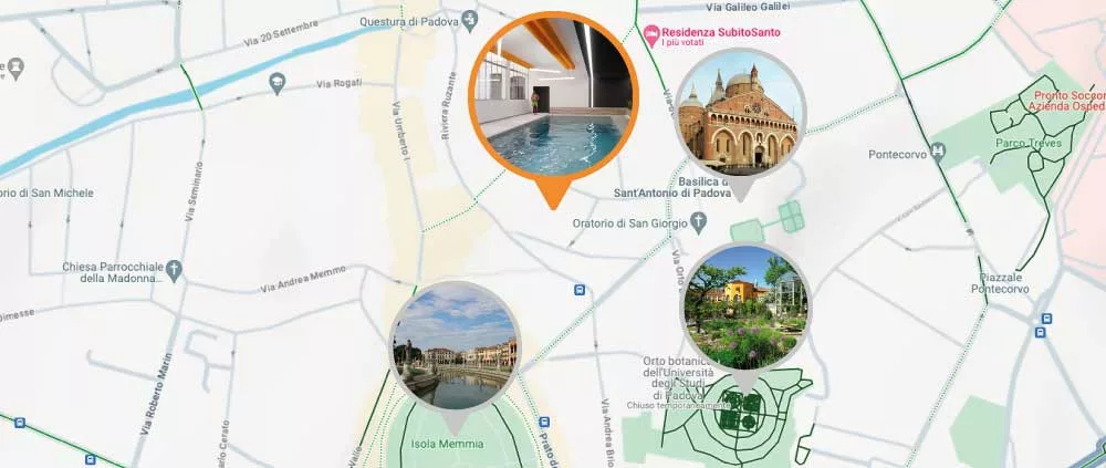 mappa che indica dove si trova la nuova piscina a Padova, sant'antonio, prato della valle e l'orto botanico.