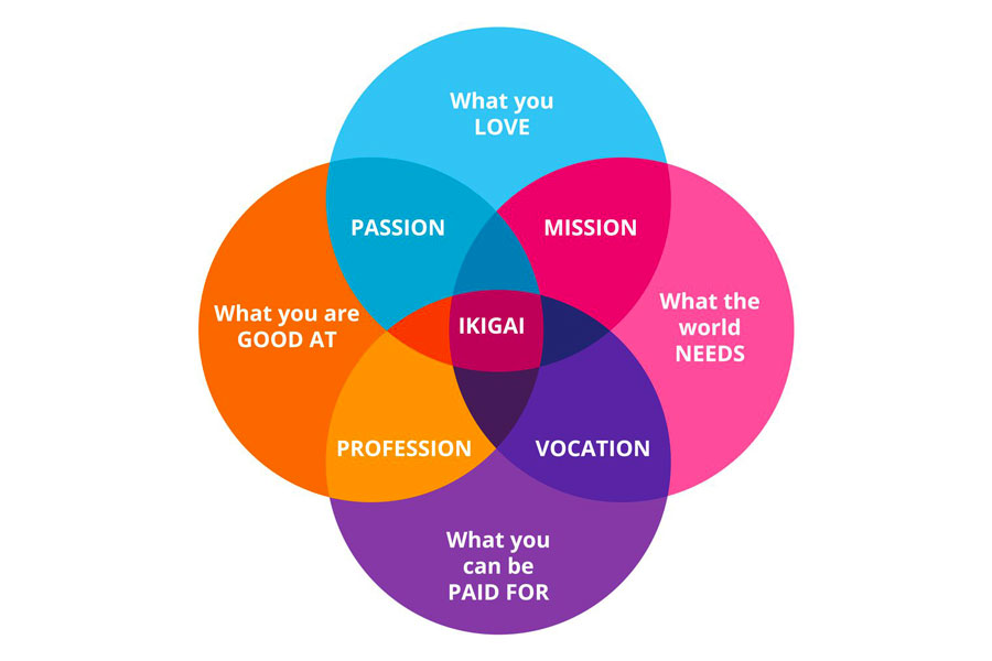 schema che spiega il funzionamento del concetto di ikigai