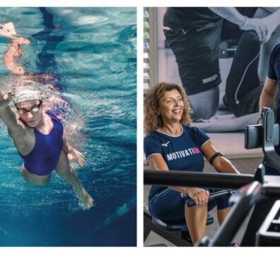 Persona che alterna allenamento di nuoto e esercizi in palestra.