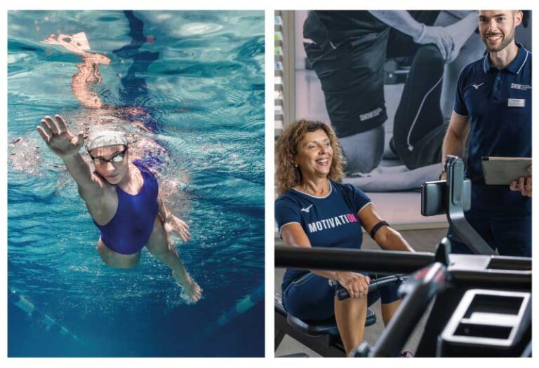 Persona che alterna allenamento di nuoto e esercizi in palestra.