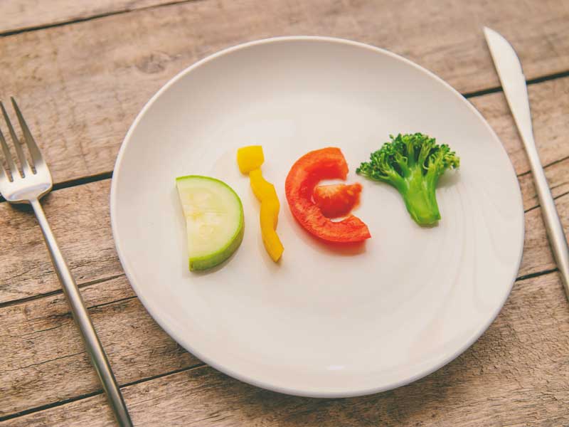 piatto bianco con verdure che scrivono la parola dieta