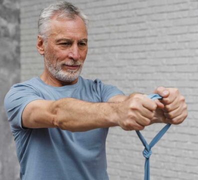 Uomo anziano vestito sportivo si allena con un elastico, esercitando la forza per prevenire cadute accidentali.